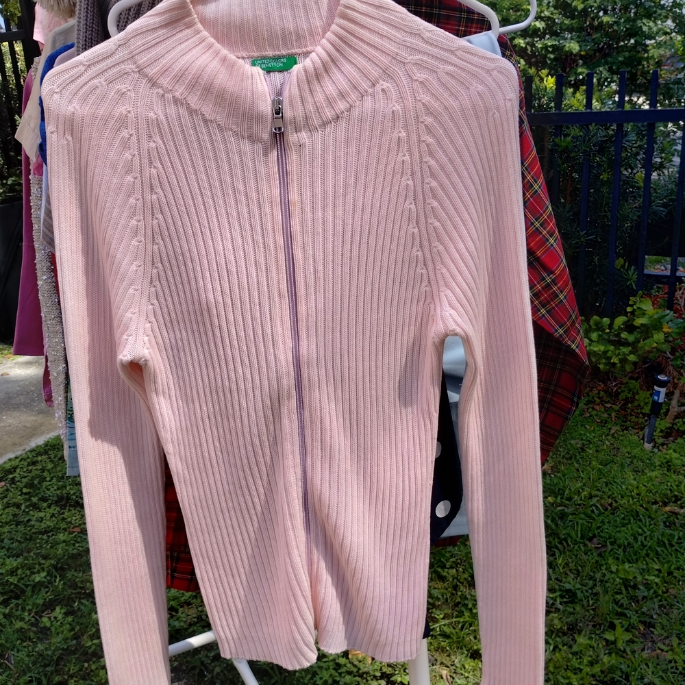 Pink Ribbed Zip-Up Sweater